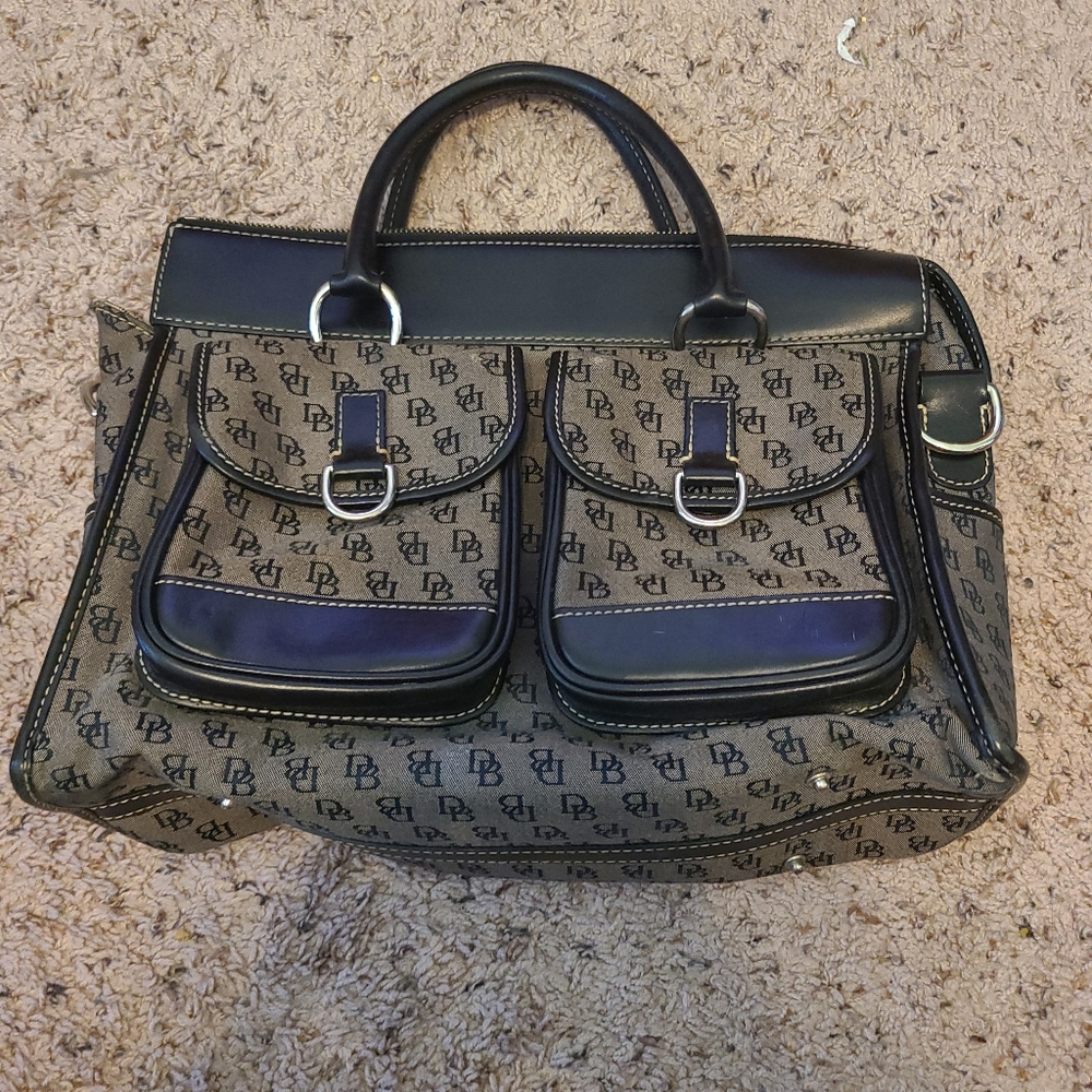 Dooney & Bourke Double Pocket DB Logo Canvas Gray, Black Leather Satchel Vintage